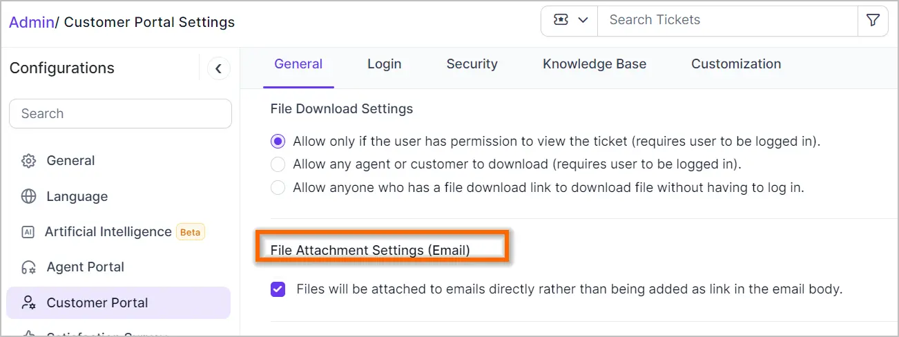 Customer Portal Settings screenshot with tabs and checked box for attaching files to emails under attachment settings.