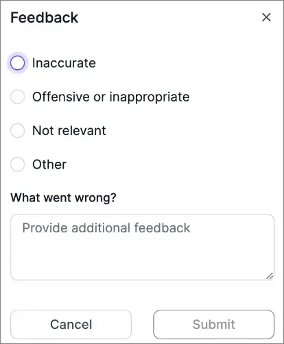 Feedback form with radio buttons for issue type and a text box for optional comments or additional details.