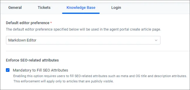 Interface displays settings under “Knowledge Base” tab, featuring Markdown Editor preference and SEO attribute controls.