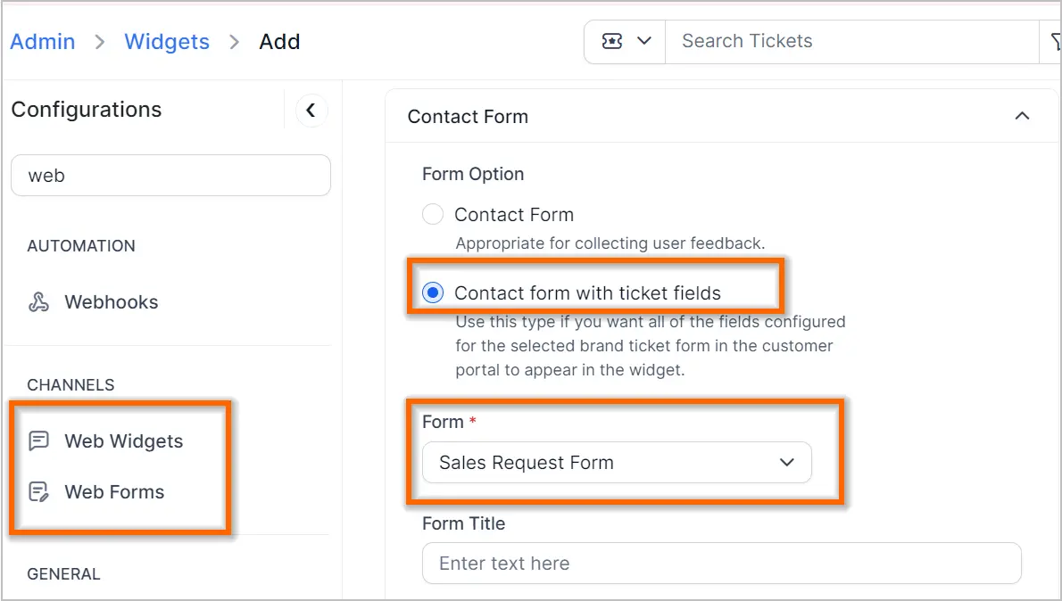 Admin dashboard showing contact form setup; 'Contact form with ticket fields' and 'Sales Request Form' are highlighted.