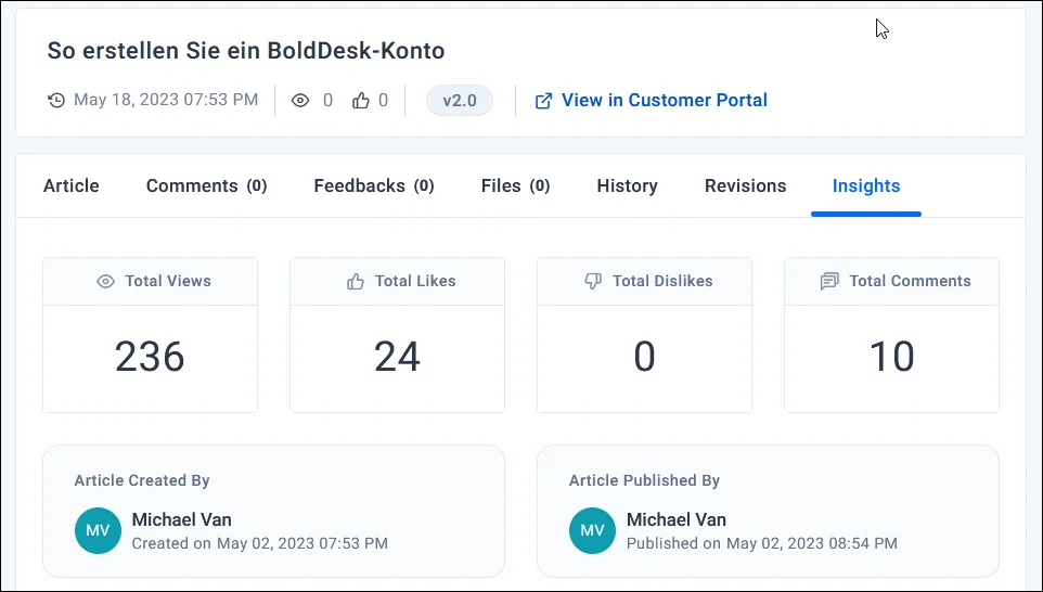 Article insights dashboard with 236 views, 24 likes, 0 dislikes, 10 comments; authored by Michael Van on May 2, 2023.