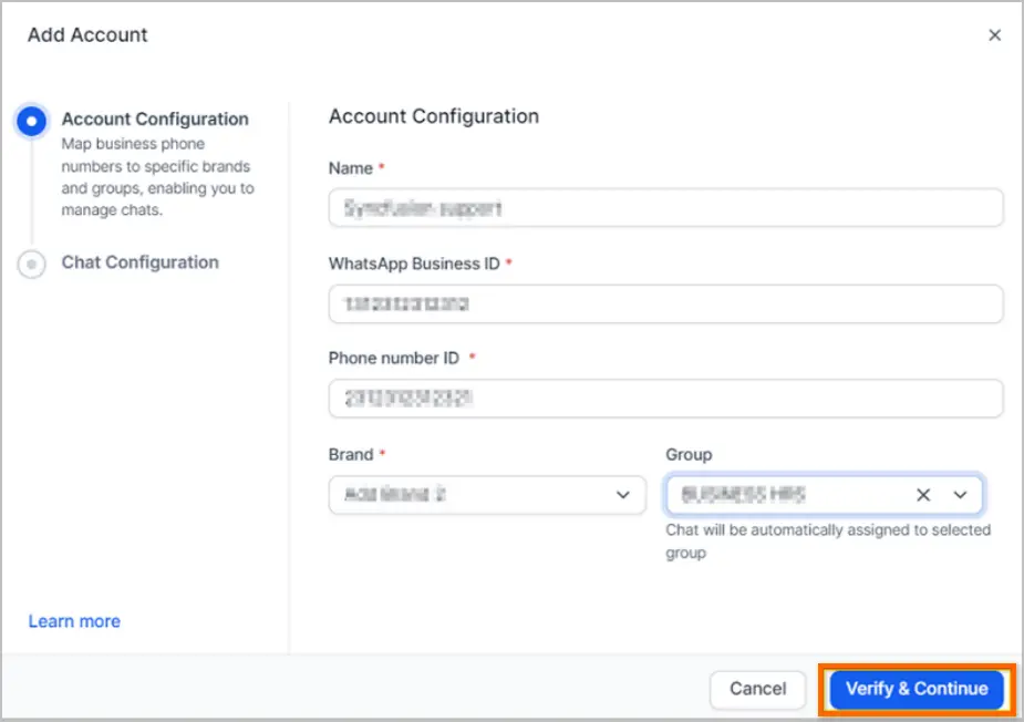 Account setup page with fields for Name, WhatsApp ID, Phone ID, Brand, Group, and highlighted “Verify & Continue” button.