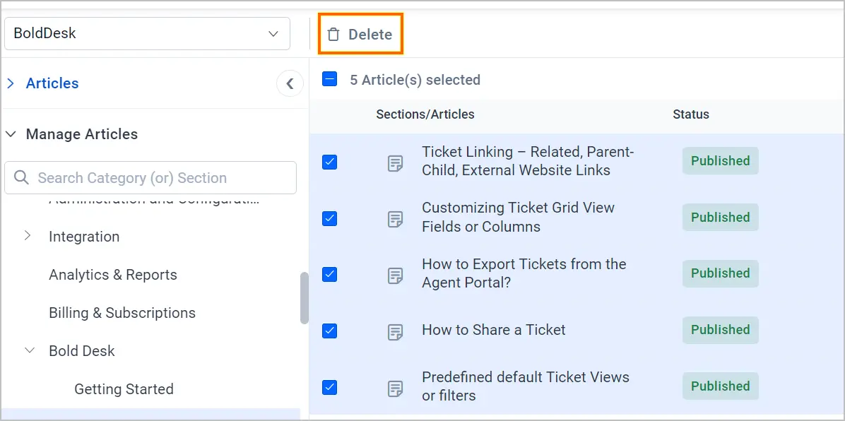 Content management UI with five published articles selected; highlighted orange “Delete” button enables bulk removal.