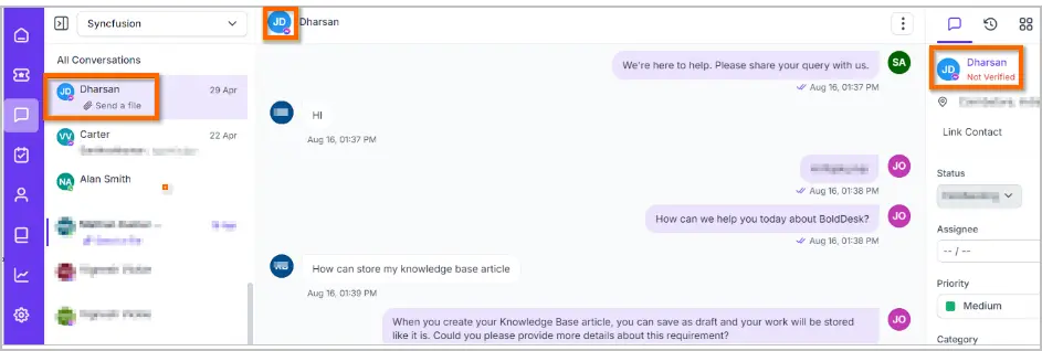 Professional chat UI showing Dharsan’s conversation; sidebar lists contacts, chat settings, and conversation tools.