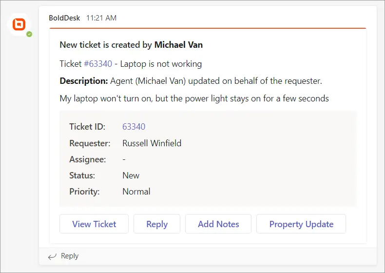 Support ticket UI: laptop issue reported by Michael Van for Russell Winfield; status is new and priority is marked normal.