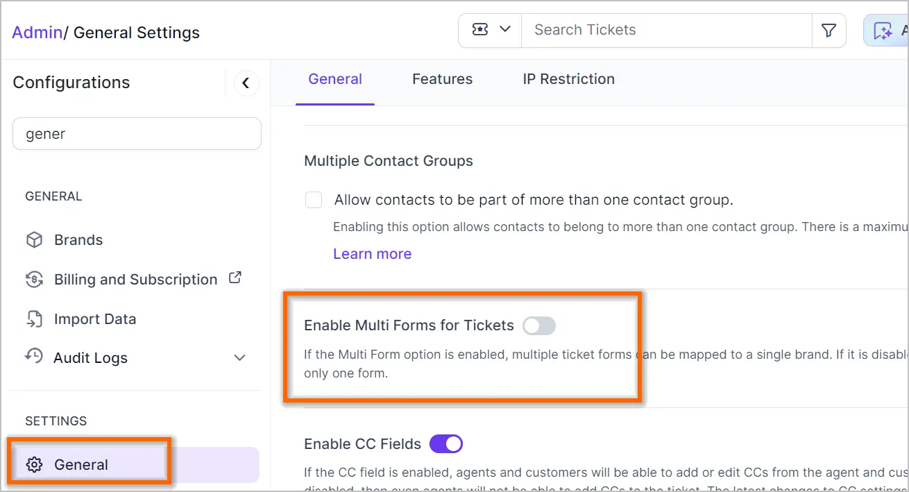 Admin settings screen with search bar; “Enable Multi Forms for Tickets” toggle is off and highlighted in orange.