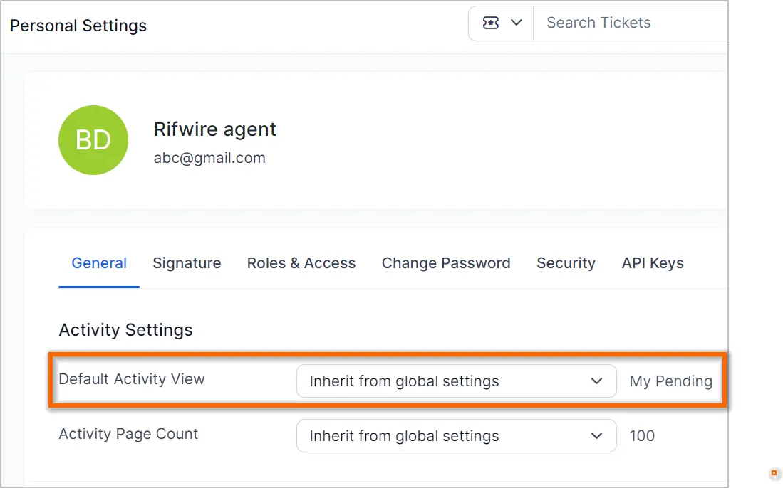 User settings UI for email account; activity section shows 'My Pending' view and page count set to 100. Functional layout.