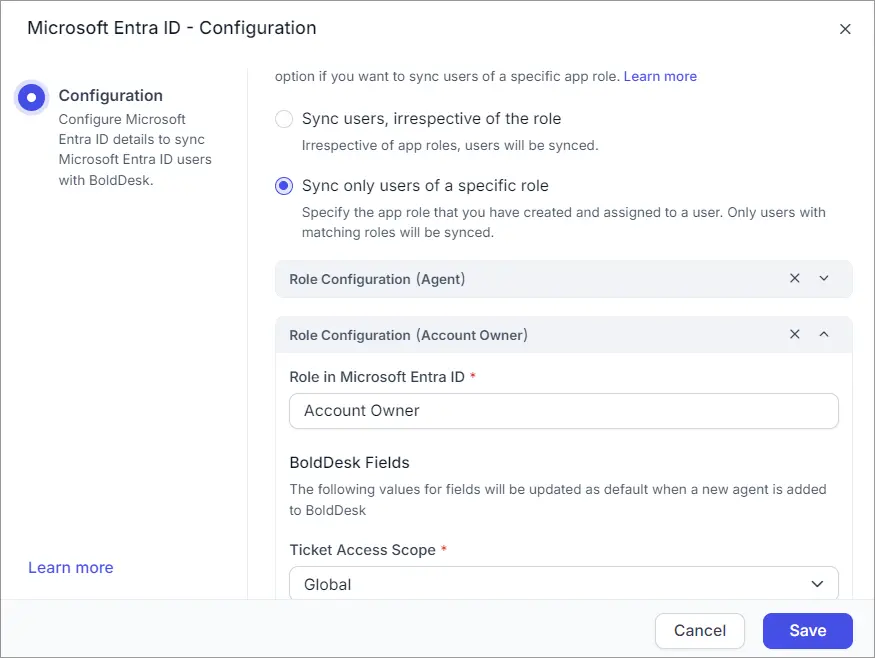 Microsoft Entra ID sync screen for BoldDesk; Account Owner role selected, Global access; Save/Cancel buttons at bottom.
