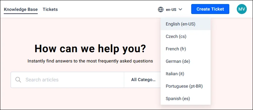 Webpage with pink background, “How can we help you?” header, search bar, and dropdown showing seven language options.