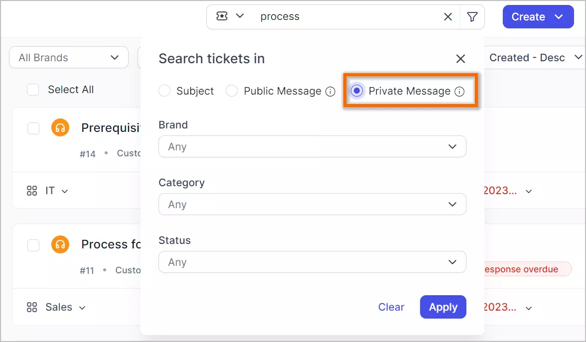 Ticketing system filter UI showing “Private Message” option; dropdowns for brand, category, and status are visible.