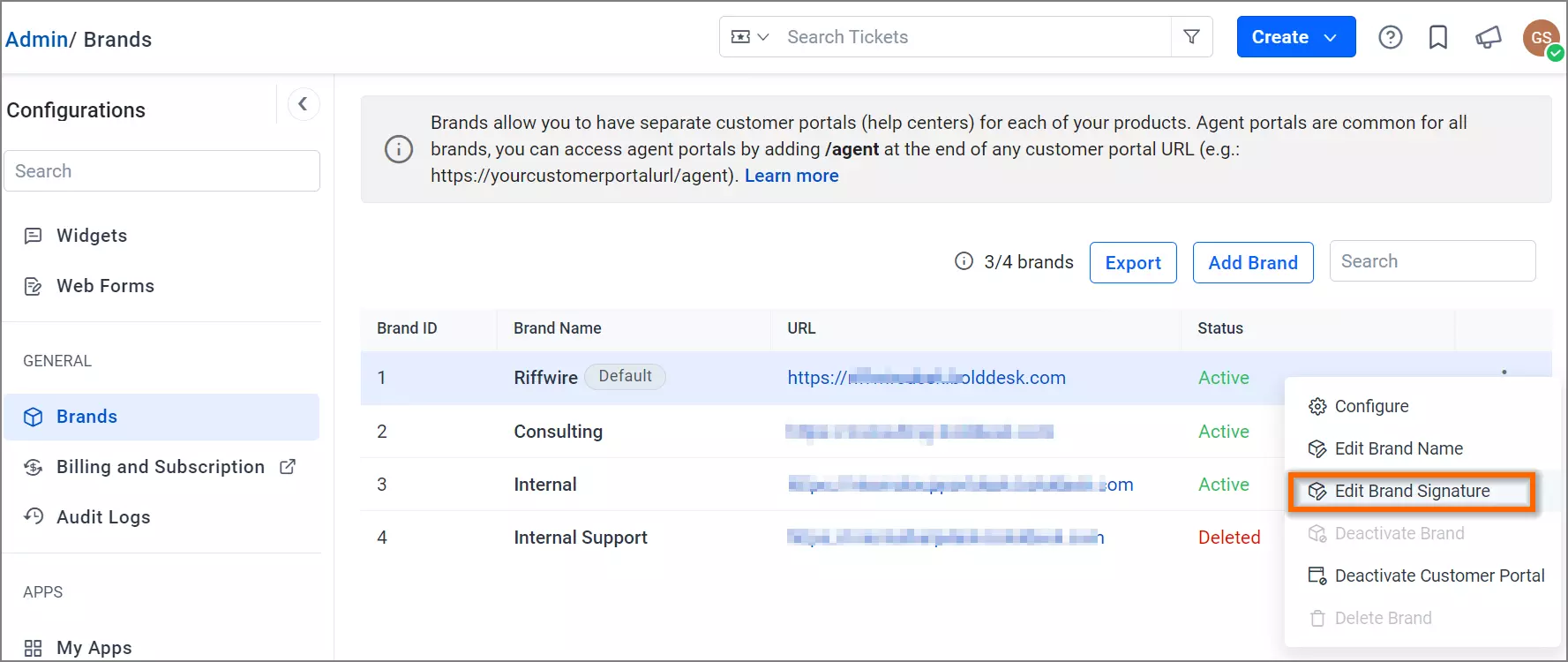 Admin dashboard lists brands with ID, name, URL, and status; dropdown menu highlights “Edit Brand Signature” option.