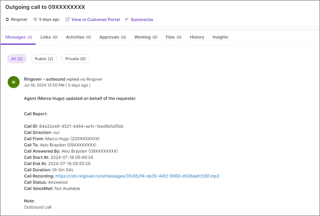 Call report screen showing outbound call from Marco Hugo to Akio Brayden; 54s duration, answered, with recording link.