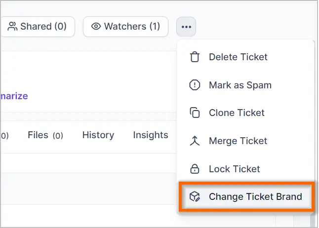 Digital platform menu showing actions: delete, spam, clone, merge, lock, change ticket brand; options highlighted in orange.