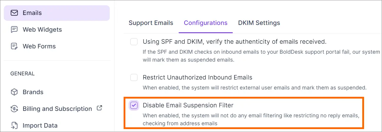 Email settings screen with 