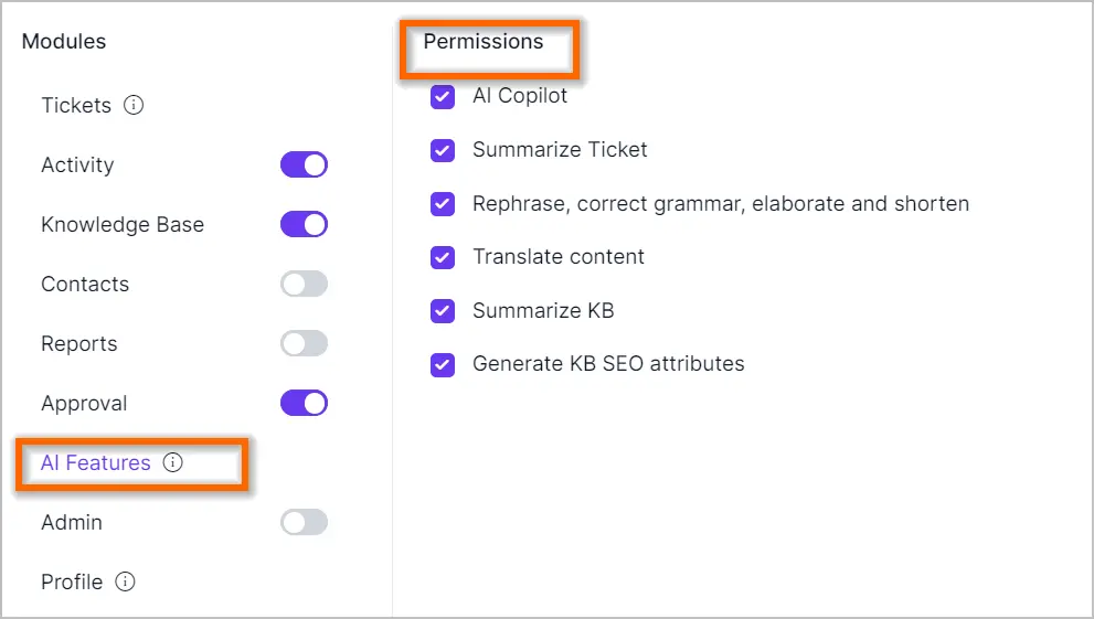 Admin settings screen displaying AI features; Tickets and Activity modules shown; Copilot and Translate toggles on.