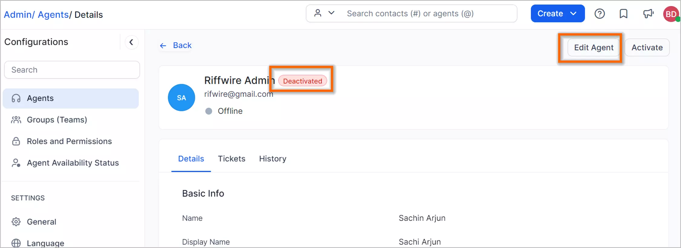Admin panel showing deactivated agent profile with name, email, and visible Edit Agent button for updates or reactivation.