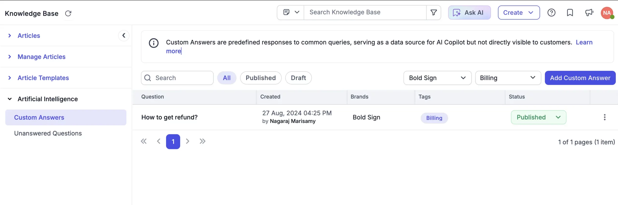 Knowledge base screen with custom answer titled “How to get refund?” by Nagaraj Marismay, listed under Bold Sign.