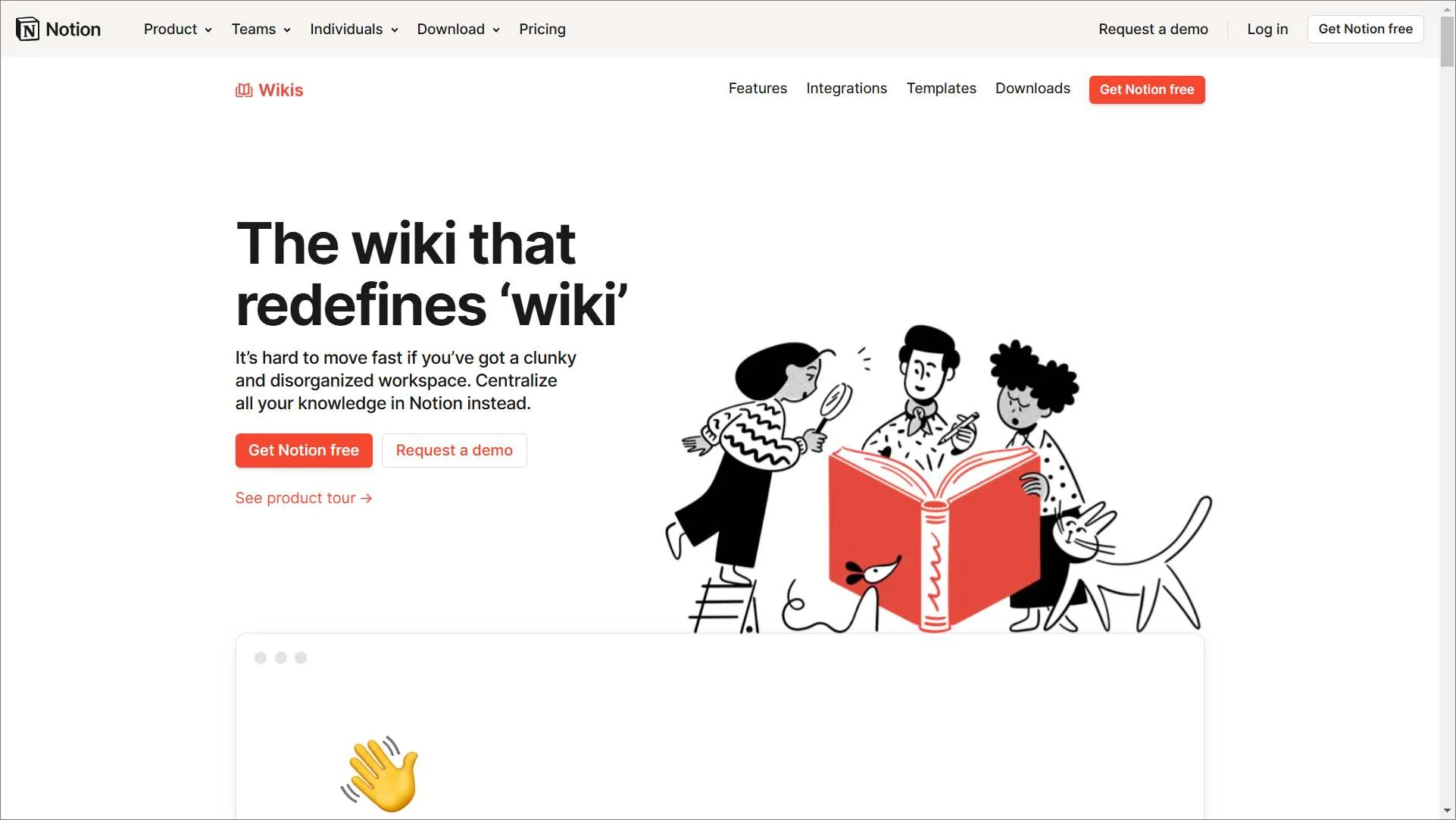Notion homepage with tagline “The wiki that redefines ‘wiki’” and illustration of people reading a large book together.