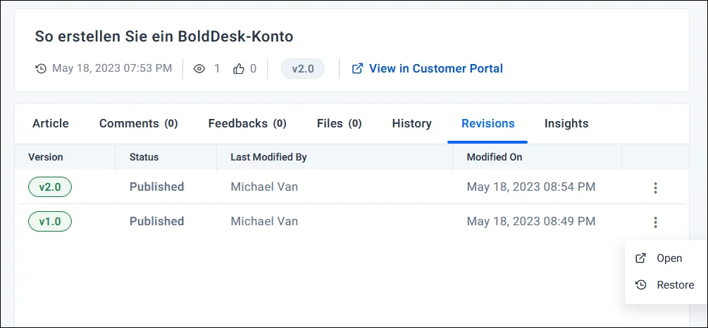 Screenshot of BoldDesk German UI showing article revision history for v2.0 and v1.0 by Michael Van, May 18, 2023.