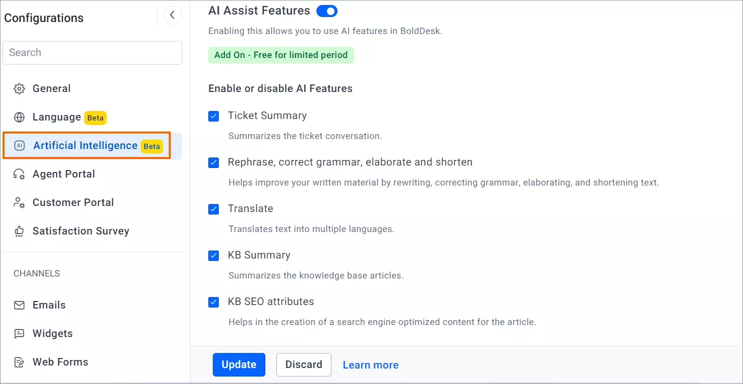 Settings UI for AI Assist in BoldDesk: toggles for Summary, Grammar, Translation, SEO; beta tag; Update/Discard buttons.