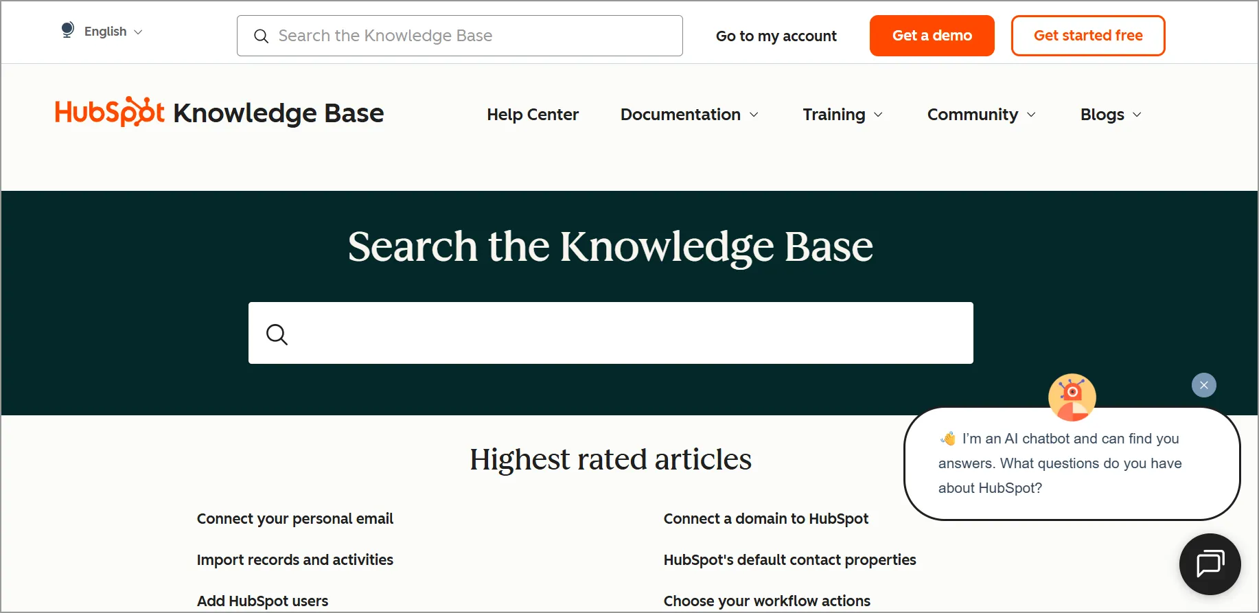 HubSpot Knowledge Base webpage with article search bar and chatbot popup offering instant help