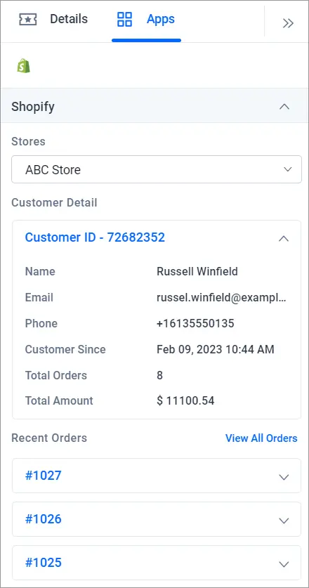 Shopify app UI showing customer Russell Winfield’s ID, contact info, 8 orders, $11,100.54 total, and recent order list.