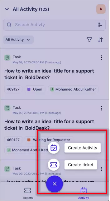 Mobile app UI with task list; options to 'Create Activity' or 'Create Ticket'. Highlighted task relates to BoldDesk support.