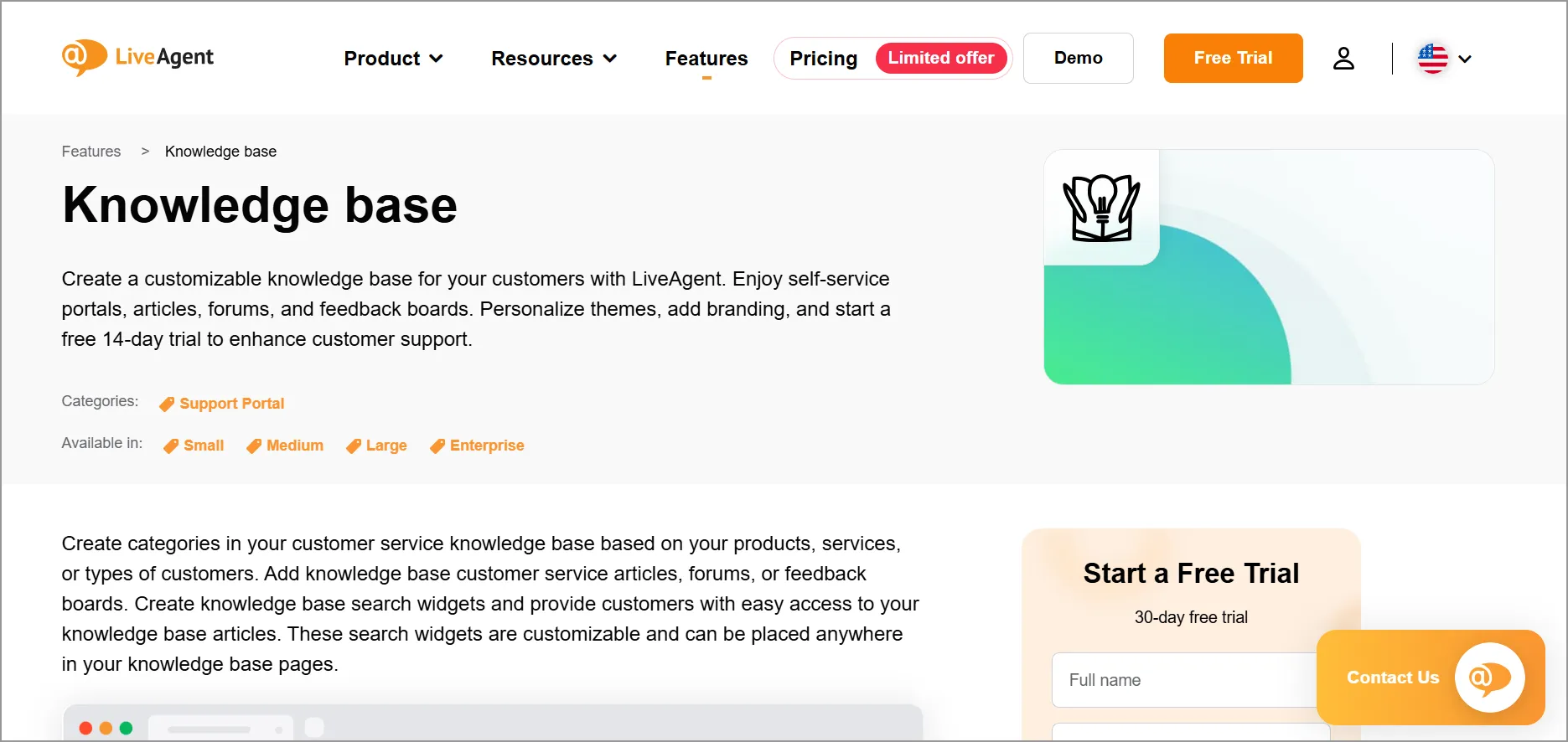 Webpage for LiveAgent’s knowledge base creation tool featuring custom portals, articles, feedback, and free trial signup