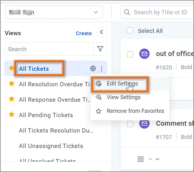 Ticket view interface with 'All Tickets' highlighted; dropdown menu shows 'Edit Settings' selected for customization.