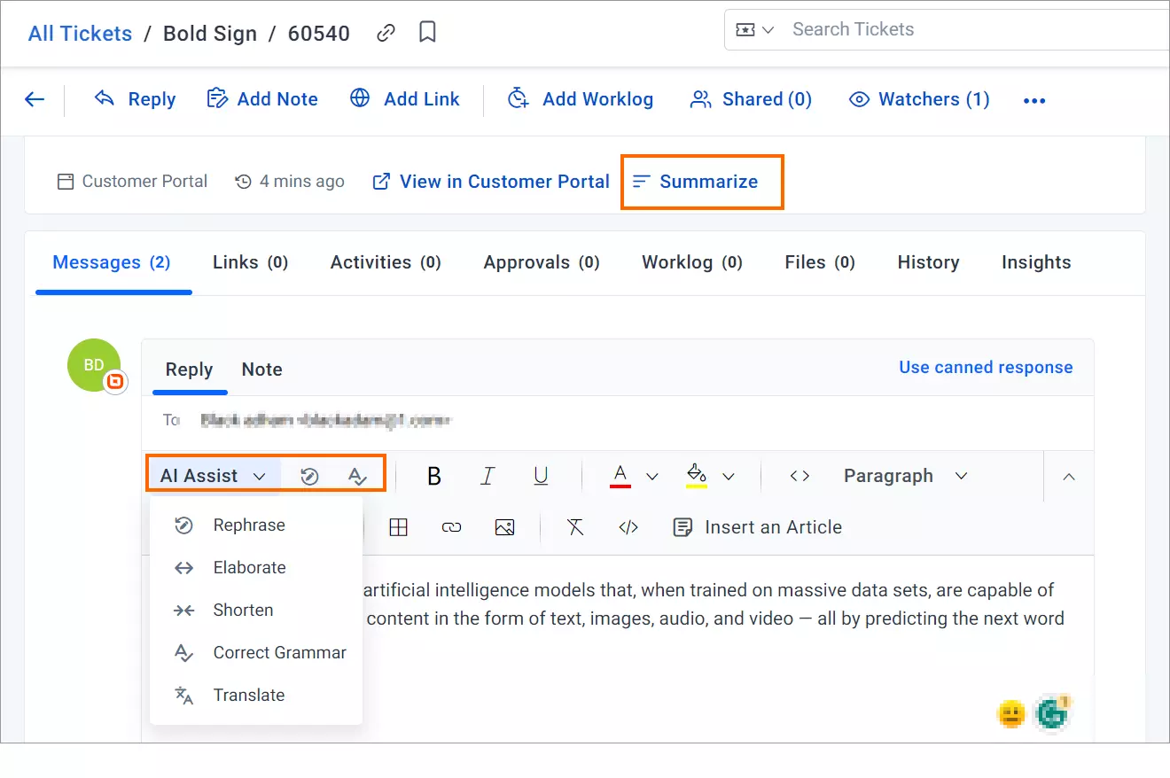 Customer support UI showing AI Assist options: Rephrase, Translate, and Summarize button highlighted for efficiency.