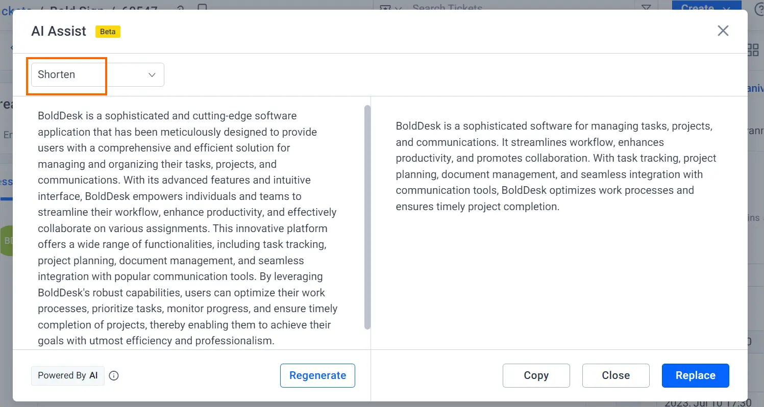 AI Assist interface with text box and options to shorten or regenerate; BoldDesk description edited for conciseness.