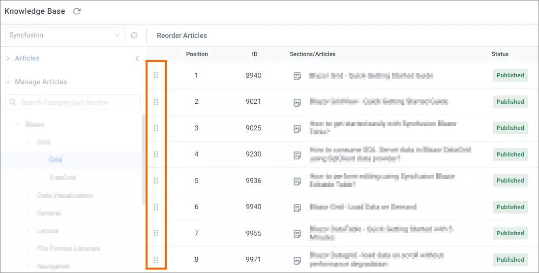 Knowledge base interface with article list; columns for Position, ID, Section, Status; orange bar highlights reorder grid.