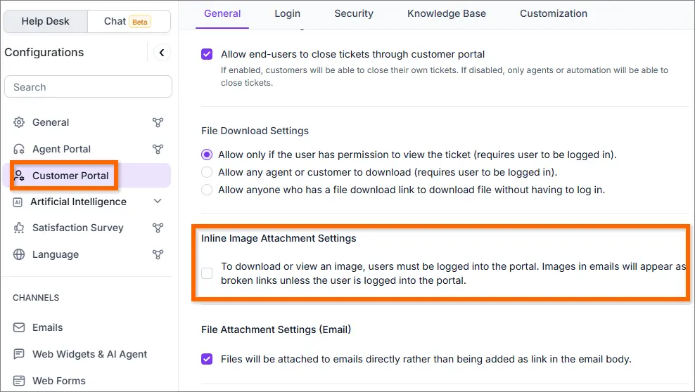 Inline Image Authentication Settings