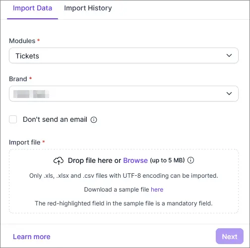 Import Data tab with module and brand selection; upload instructions for .xls, .xlsx, .csv files; Next button at bottom.