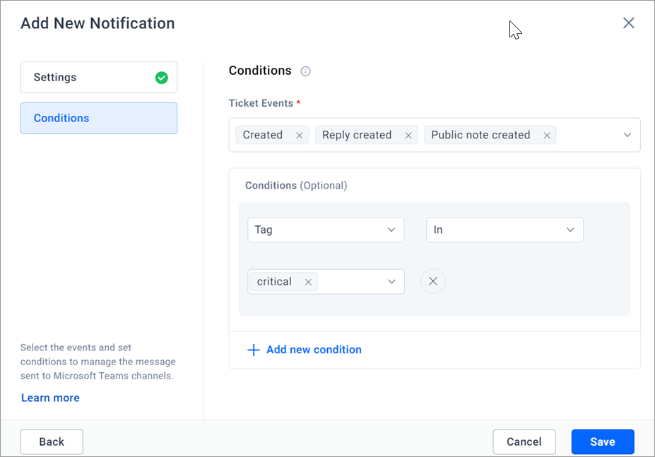 Add Notification UI with ticket event and condition options; 'Created' and 'critical' tags are selected in the interface.