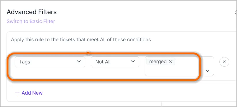 Advanced filter interface with dropdowns for “Tags,” “Not All,” and “merged”; orange outline highlights selected elements.