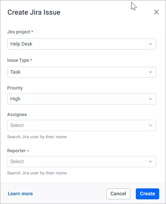 Jira issue form with fields for project, type, priority, assignee, reporter, and buttons: Learn more, Cancel, Create.