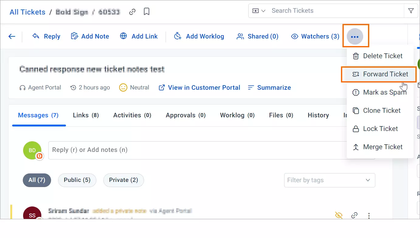 Help desk interface showing “Bold Sign” ticket with reply, add note, and menu options including “Forward Ticket.”