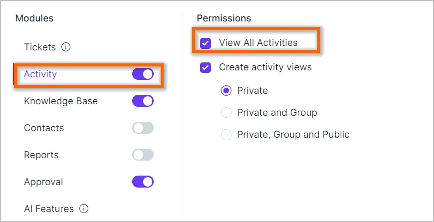 Settings menu with “Modules” and “Permissions”; “Activity” and “View All Activities” toggled to indicate active settings.