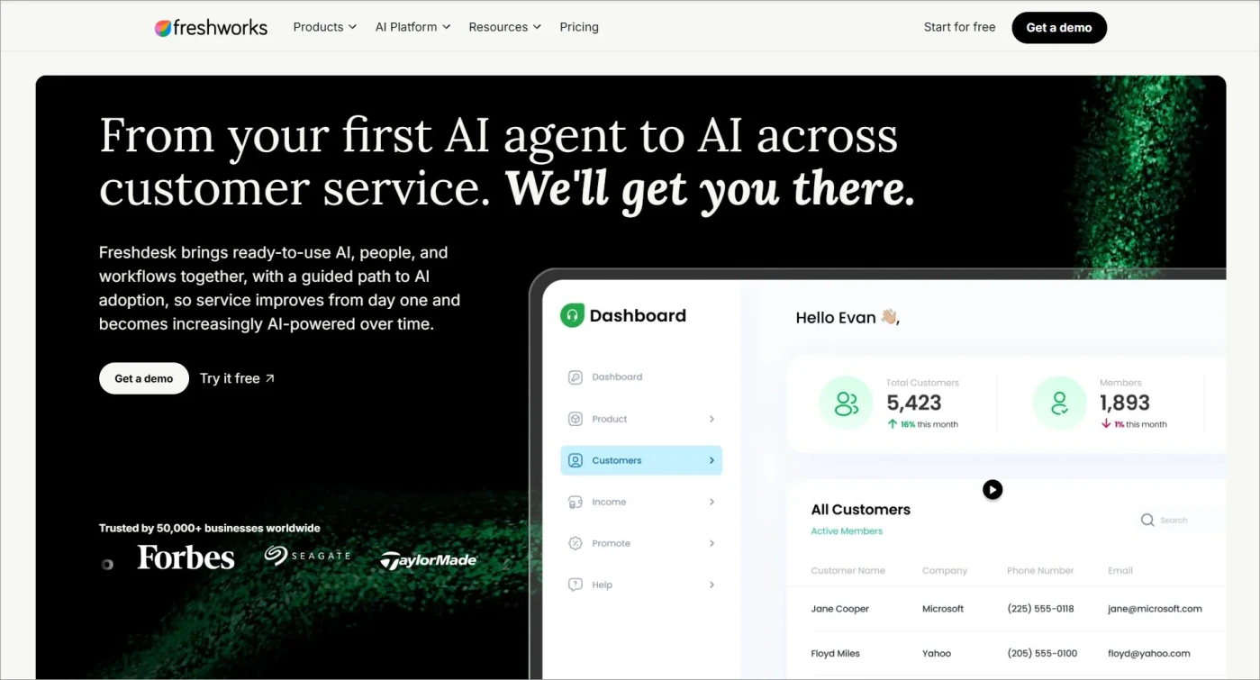 Freshdesk Best ticketing system homepage highlighting an agentic AI customer service solution with AI chat interface