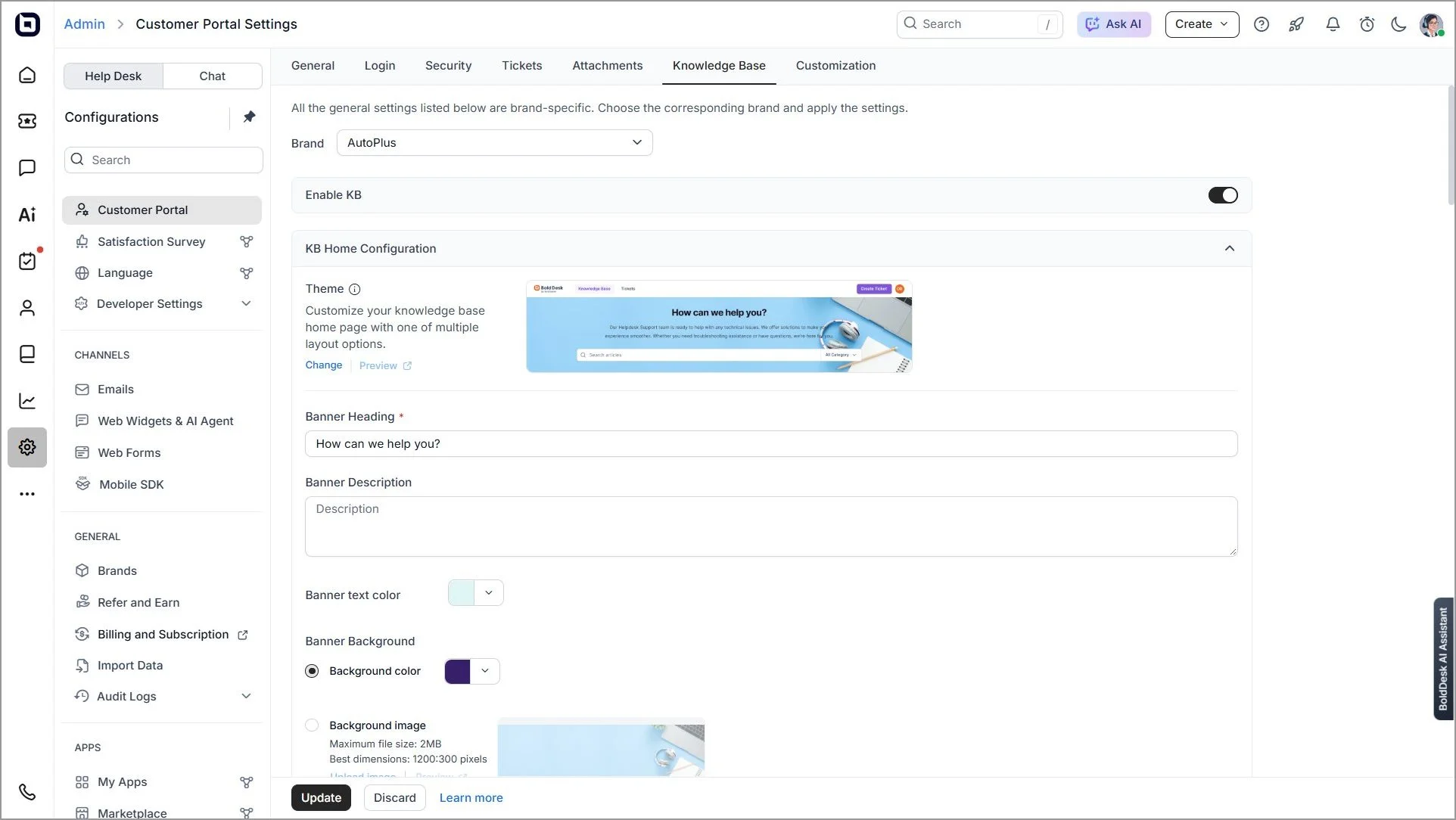 BoldDesk knowledge base settings showing theme, banner, and branding options.