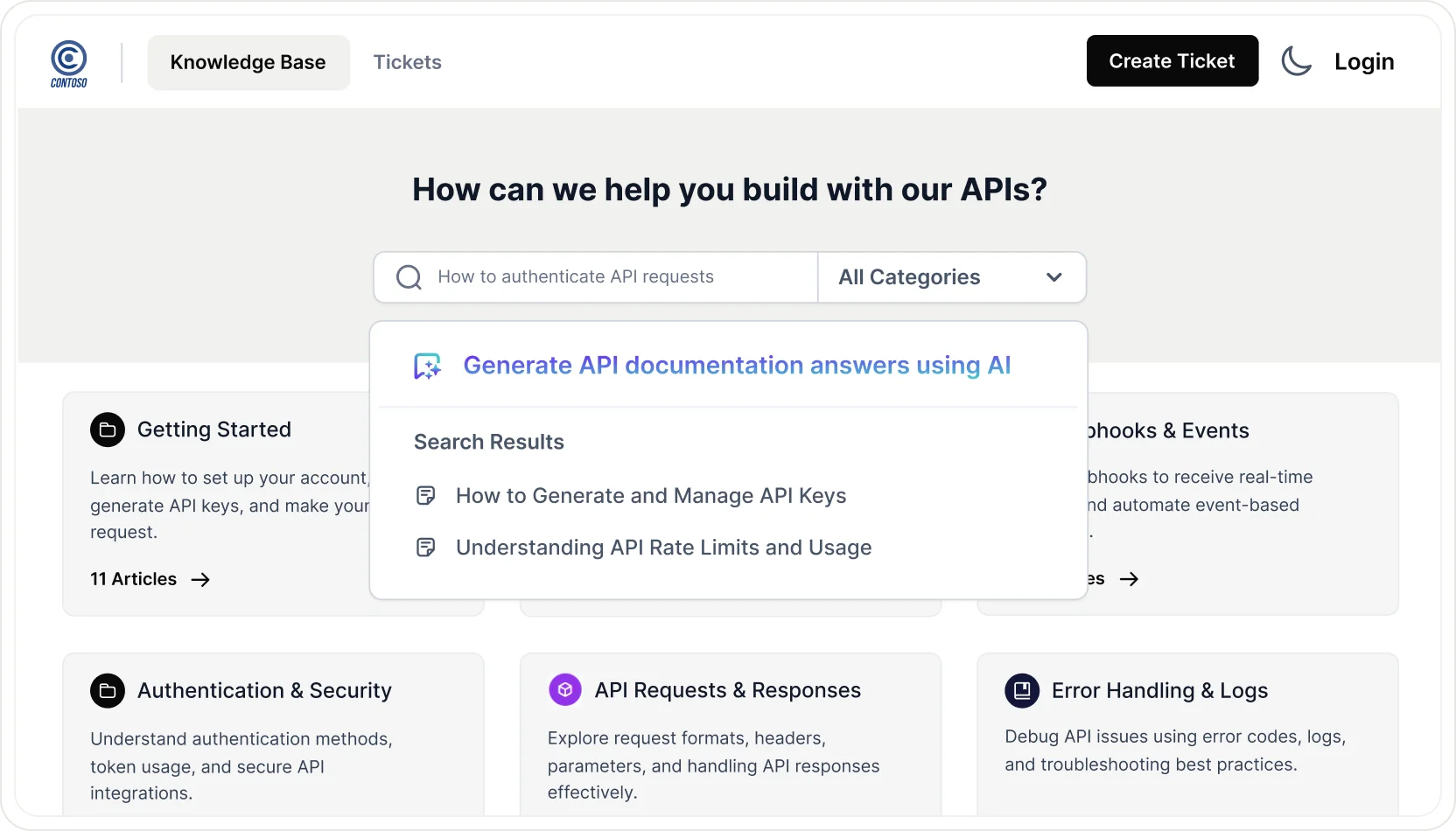 AI-powered knowledge base providing API documentation answers and search results
