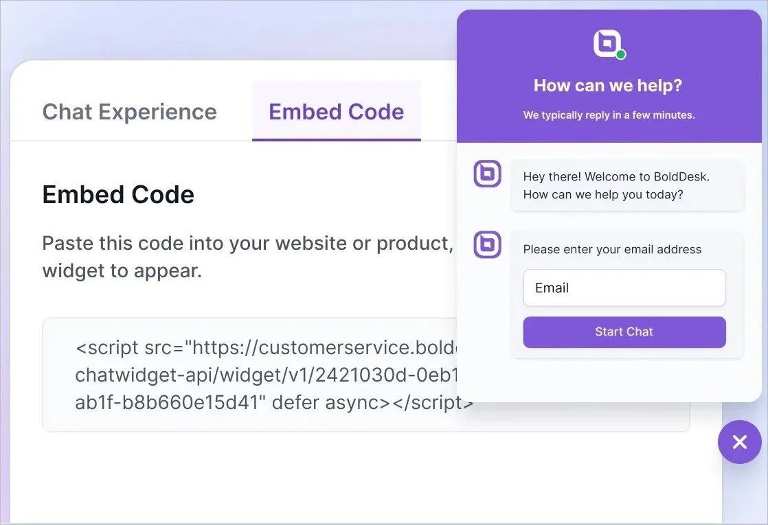 Webpage shows “Embed Code” tab with chat widget script; purple chat window prompts email entry for live support help.