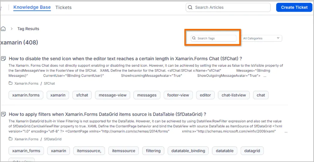 Knowledge Base UI with search bar, orange-highlighted filter, and Xamarin articles tagged “xamarin.forms” and “chat.”