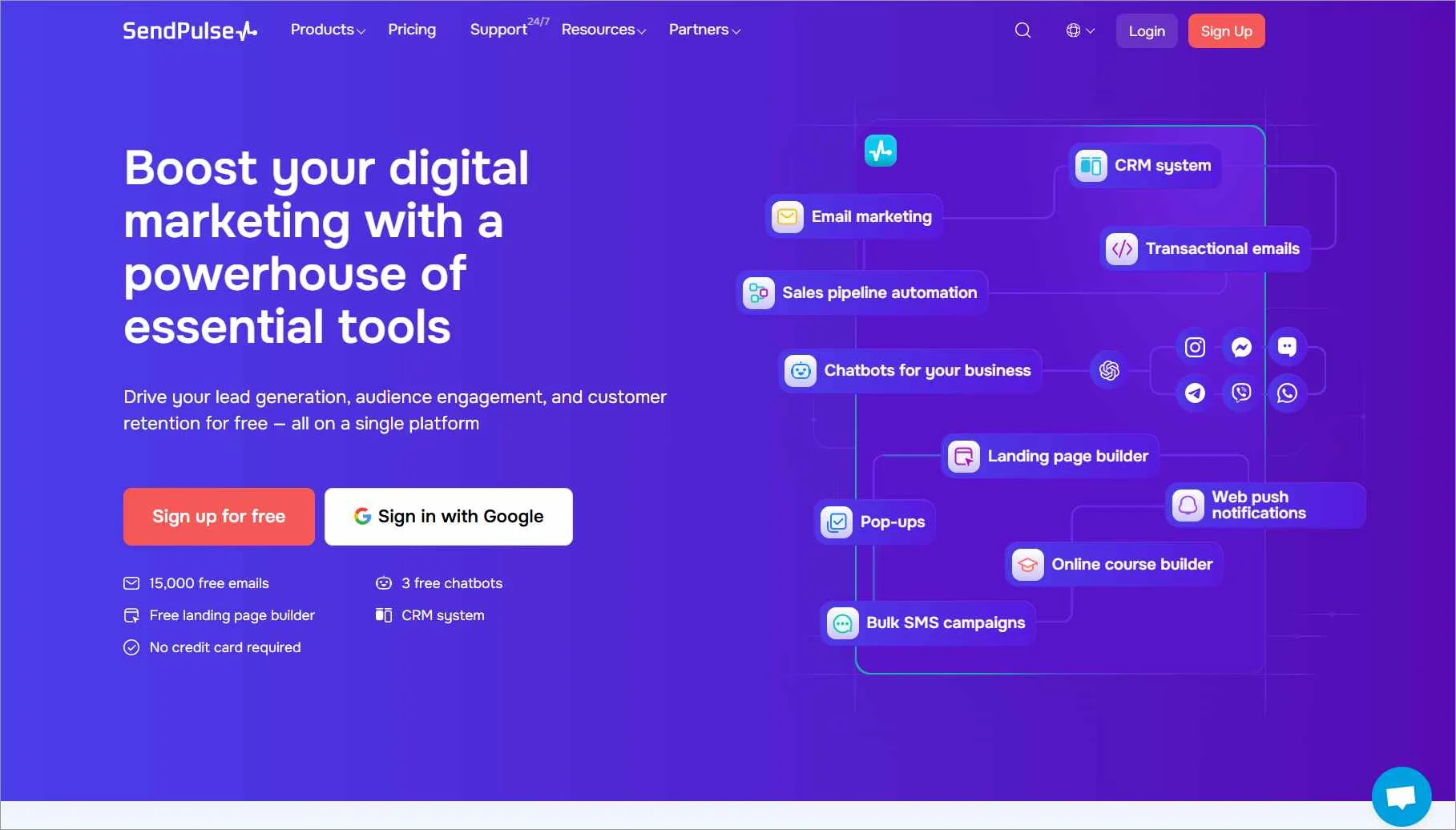 SendPulse homepage with purple theme, sign-up promo on left, and icons for CRM, email marketing, and chatbot tools on right.