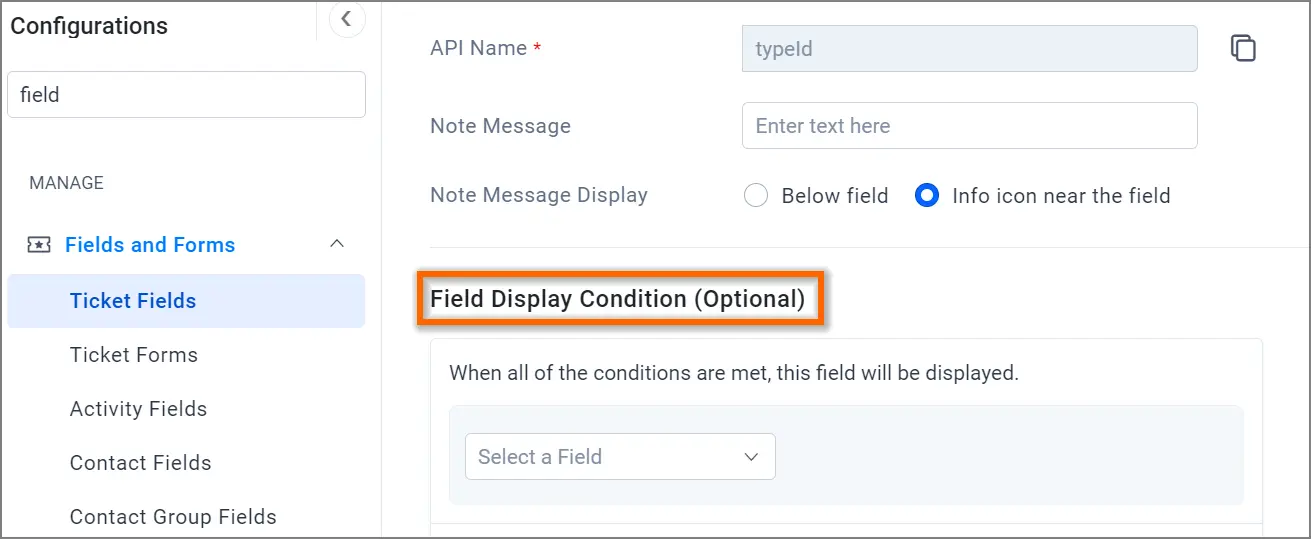 UI showing configuration panel; left side lists fields/forms, right side highlights optional field display conditions.