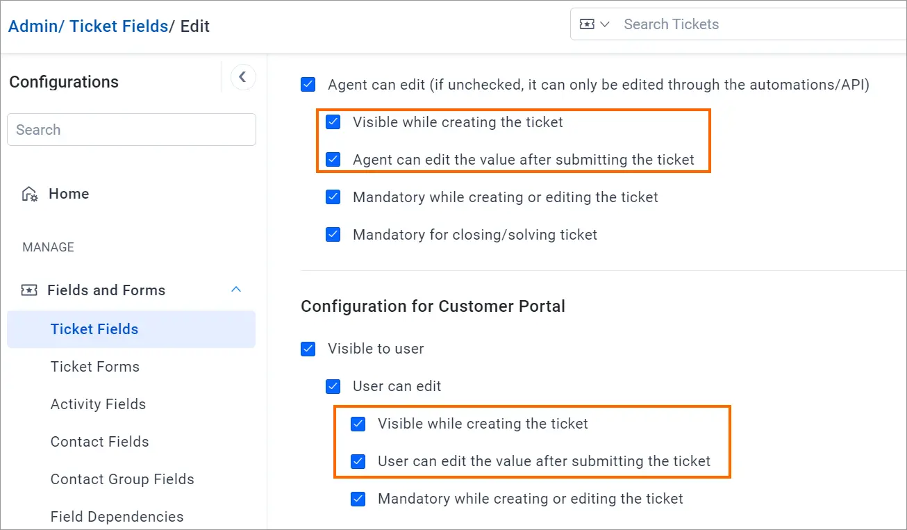 Ticket field setup screen showing visibility/editability options for agents and users; orange boxes emphasize stages.
