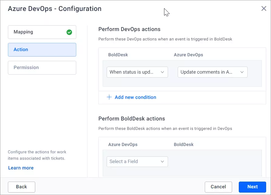 Azure DevOps config screen for BoldDesk actions; shows status updates, comment actions, and bottom navigation buttons.