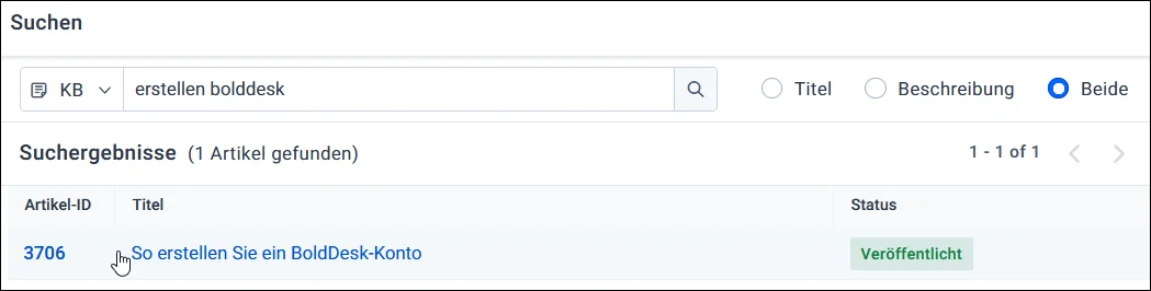 Interface showing search results for 'erstellen bolddesk'; one article found: 'So erstellen Sie ein BoldDesk-Konto'. 