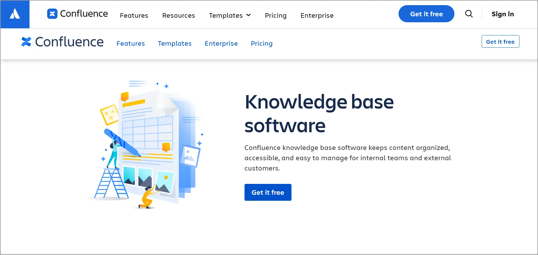 Webpage for Confluence showing 'Knowledge base software' headline with papers, folders, and ladder
